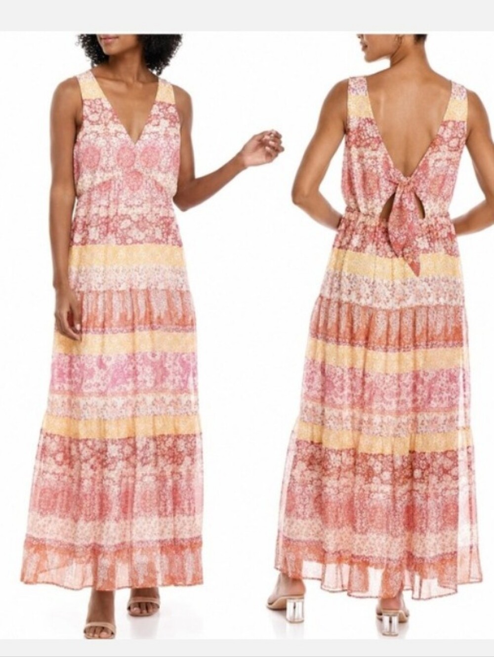 Maison Tara Striped Floral Maxi Dress - Pink, Yellow & Orange